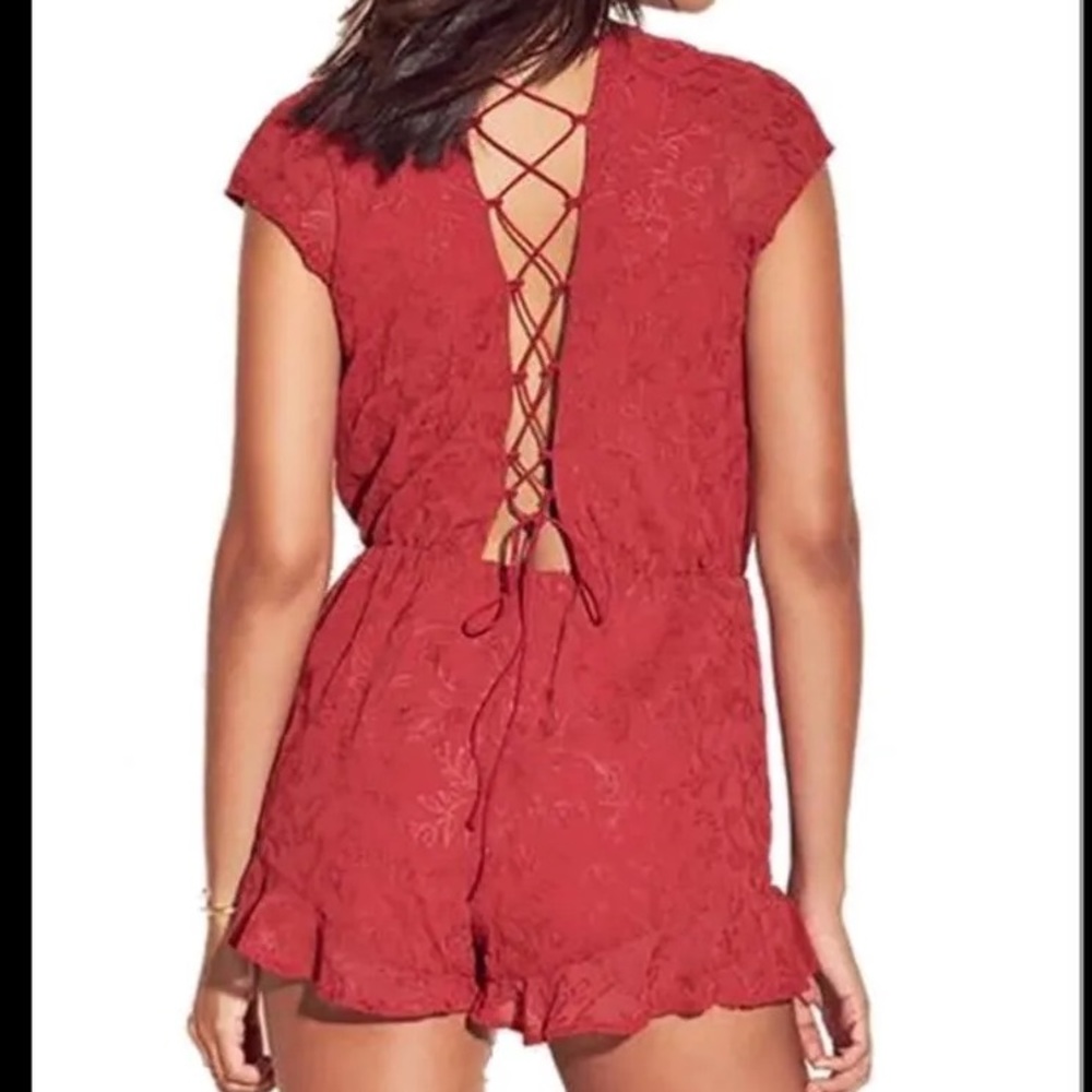 Lovers + Friends Hey Babe Romper in Palm Floral Embroidery